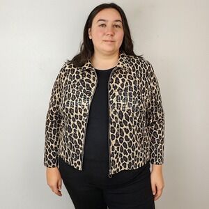 Exclusively Misook Jacket Womens XL Leopard Print Foil Squares Detail Zip Up 90s